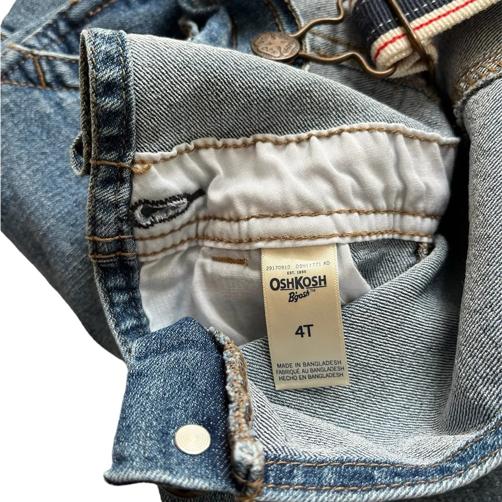 Oshkosh Bgosh Blue Denim Vestbak Red Blue Stripe Strap Train Overalls 4T